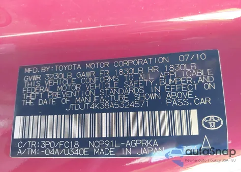 2010 Toyota Yaris z USA, uszkodzony, nr VIN JTDJT4K38A5324571